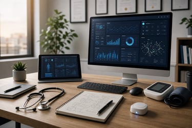 A clinical workspace with a patient dashboard on screen alongside stacked compliance documents