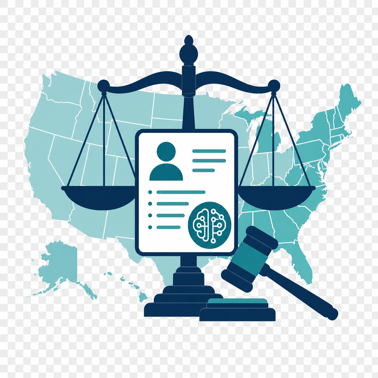 Illustration of a scale of justice and hiring document over a map of the United States, representing state AI hiring regulations