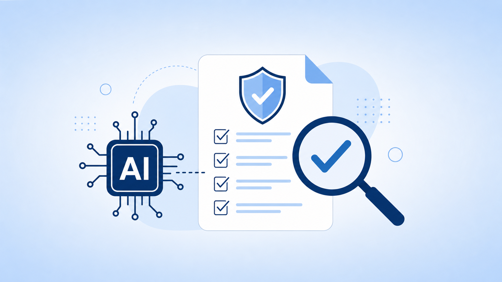 AI-drafted compliance checklist with a shield under review by a magnifying glass and approval checkmark