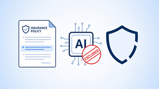 Insurance policy with a highlighted AI exclusion clause, a stamped AI chip and a shield with a coverage gap
