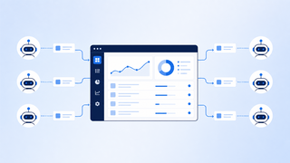 Central control dashboard assigning task cards to several AI agent icons