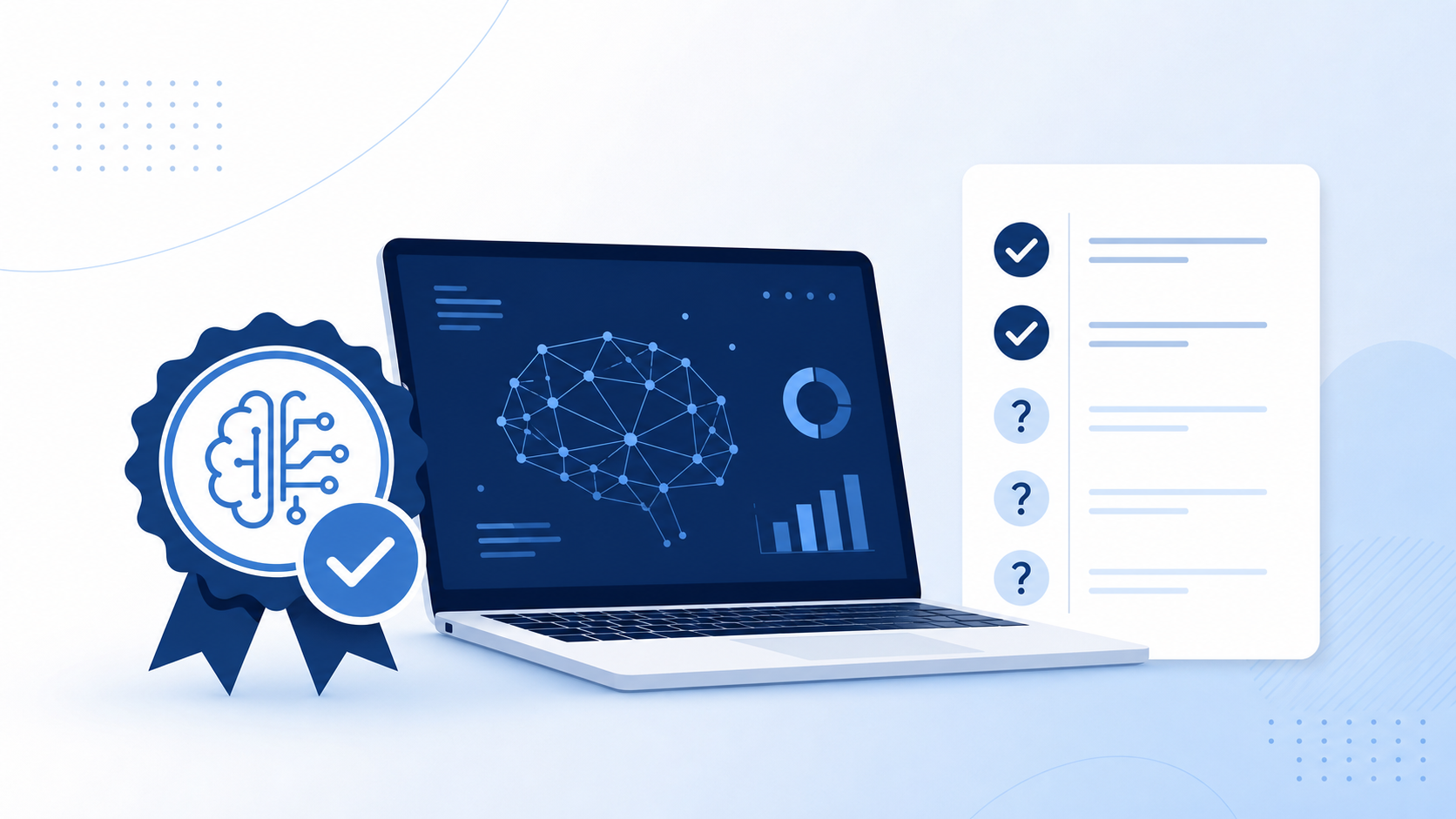 AI certification badge beside a laptop and a skills checklist with open question marks