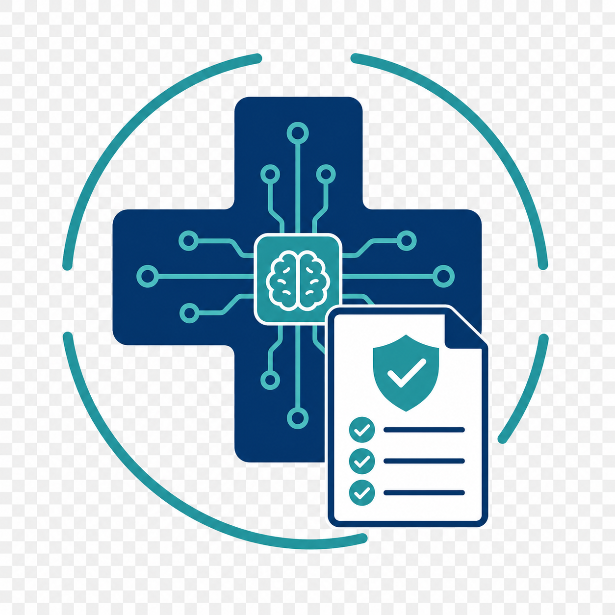 Illustration of a medical cross combined with a circuit board pattern and regulatory document, representing FDA regulation of AI in medical devices