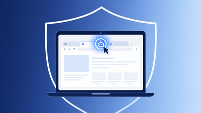 Laptop browser with an autonomous AI agent cursor, framed by a security shield