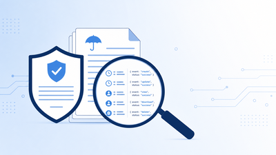 Magnifying glass examining insurance AI policy documents to reveal the system audit logs behind them