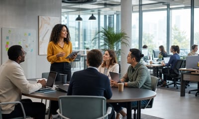 A diverse team collaborating around a table in a modern office, reviewing training materials on a screen