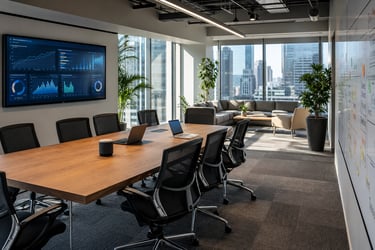 A modern small office workspace with laptops, screens and greenery on the desks