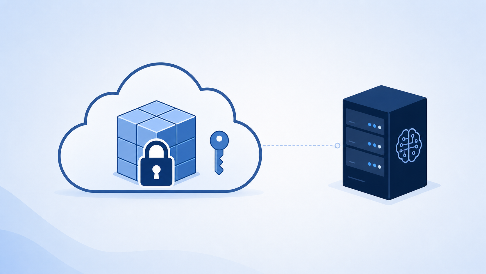 Locked data cube inside a customer-owned cloud with an encryption key, kept separate from an AI vendor server