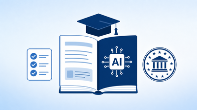 AI literacy training manual with a graduation cap, checklist and government seal