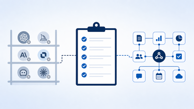 Manager clipboard checklist connecting unused AI tool icons to a team workflow diagram