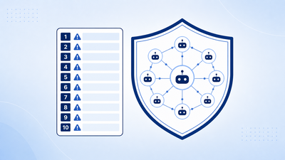 Ranked list of AI security risks with warning icons beside a shielded network of AI agent nodes