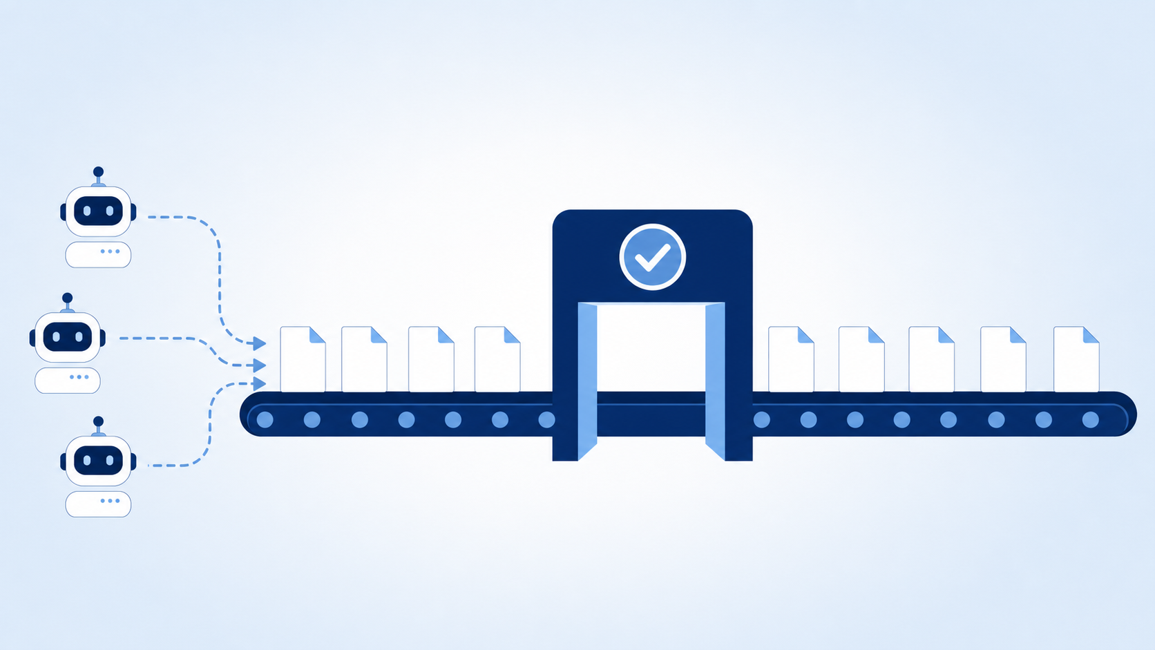 AI agent icons sending a stream of documents through a single quality-check gate