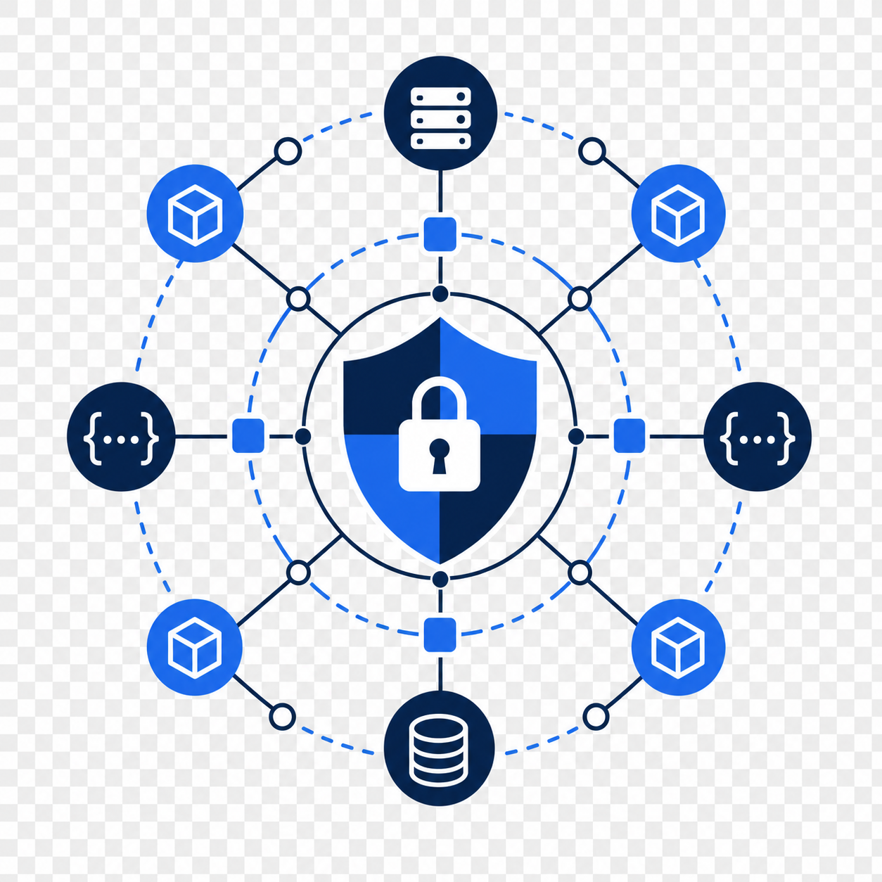 Abstract diagram showing governed network nodes connected through a central security shield, representing MCP protocol oversight