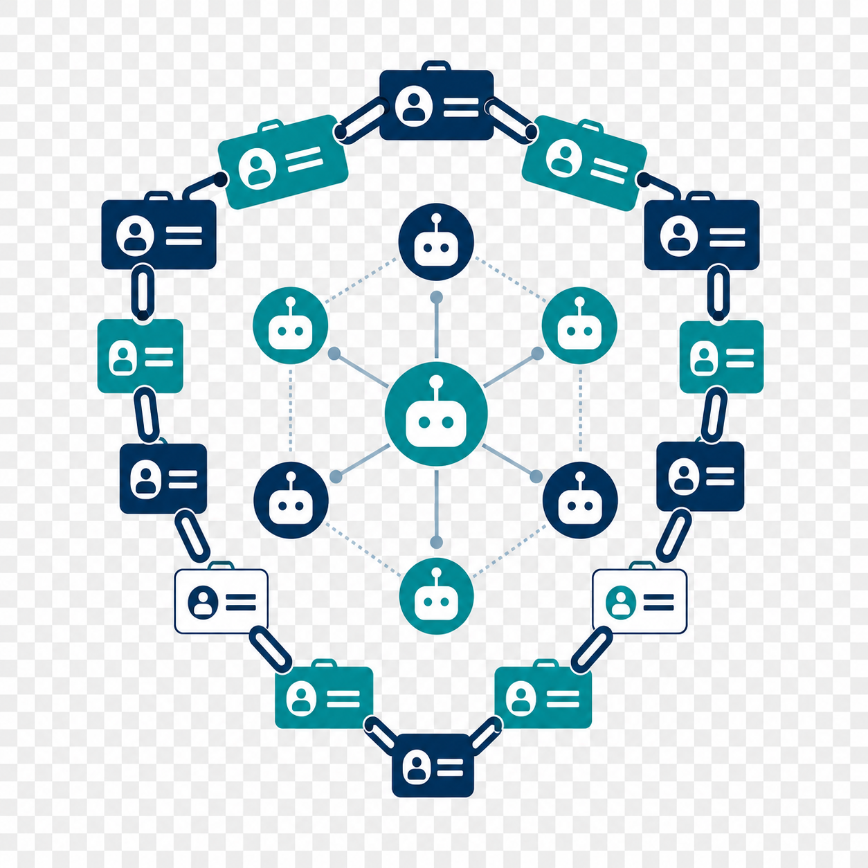 Interconnected identity badges forming a protective shield around AI agent nodes, representing governance and access control