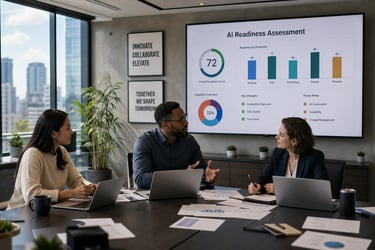 An open-plan office with professionals working beside a wall display showing an AI adoption diagram