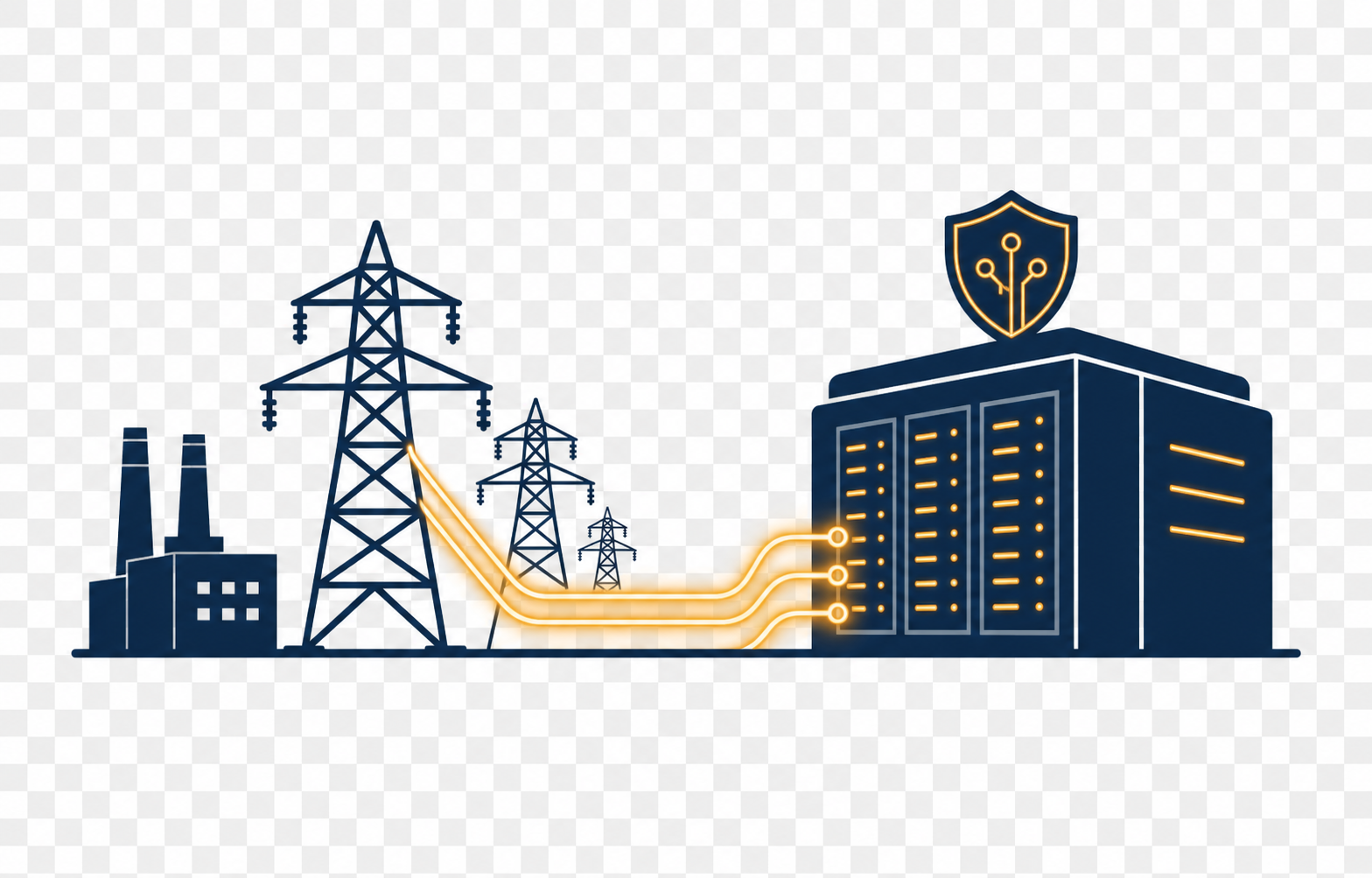 Illustration of an electrical power grid connecting to a data center, representing AI infrastructure power constraints