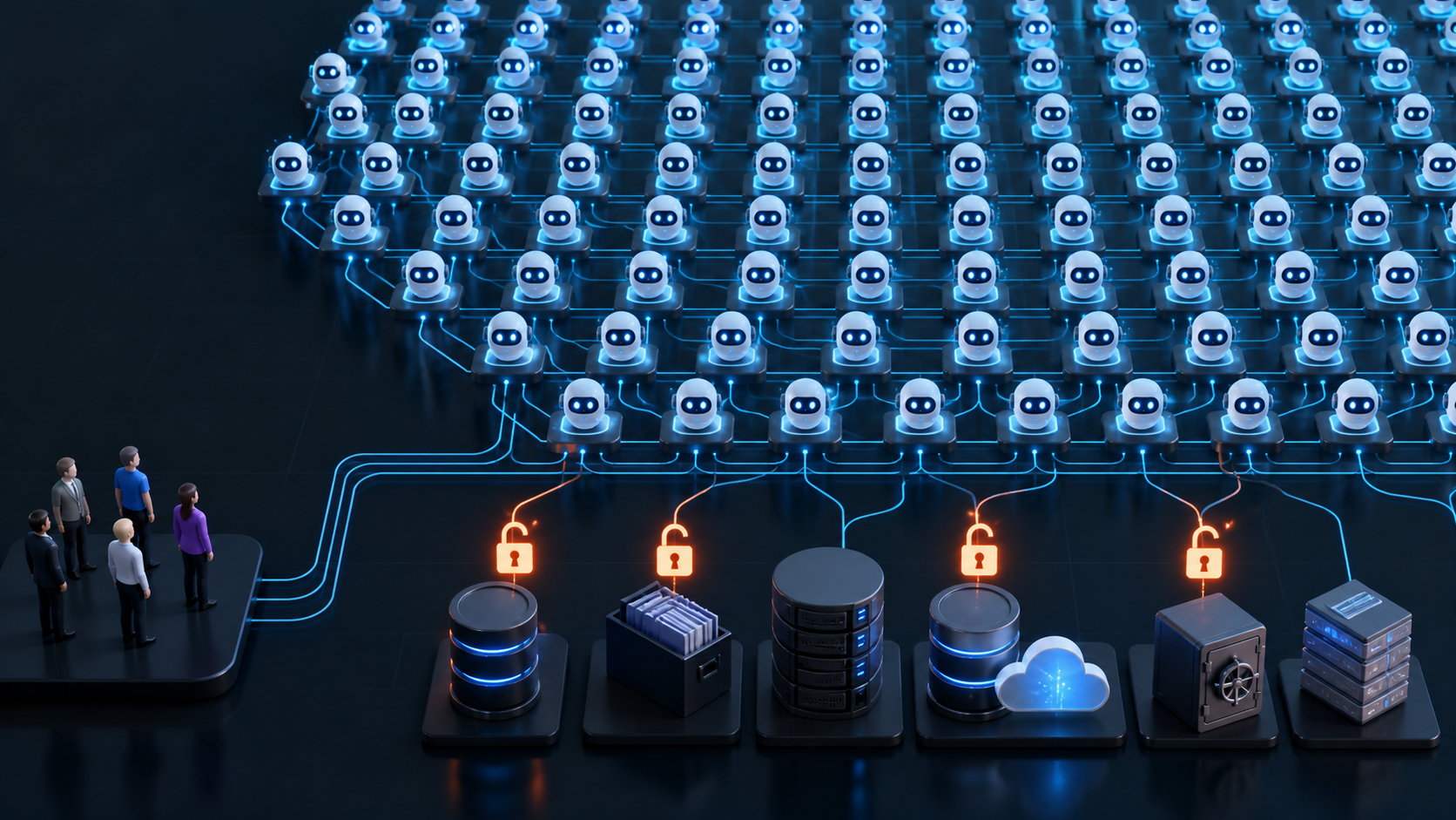 Diagram showing a small number of human employees vastly outnumbered by AI agent identities with unmanaged access lines