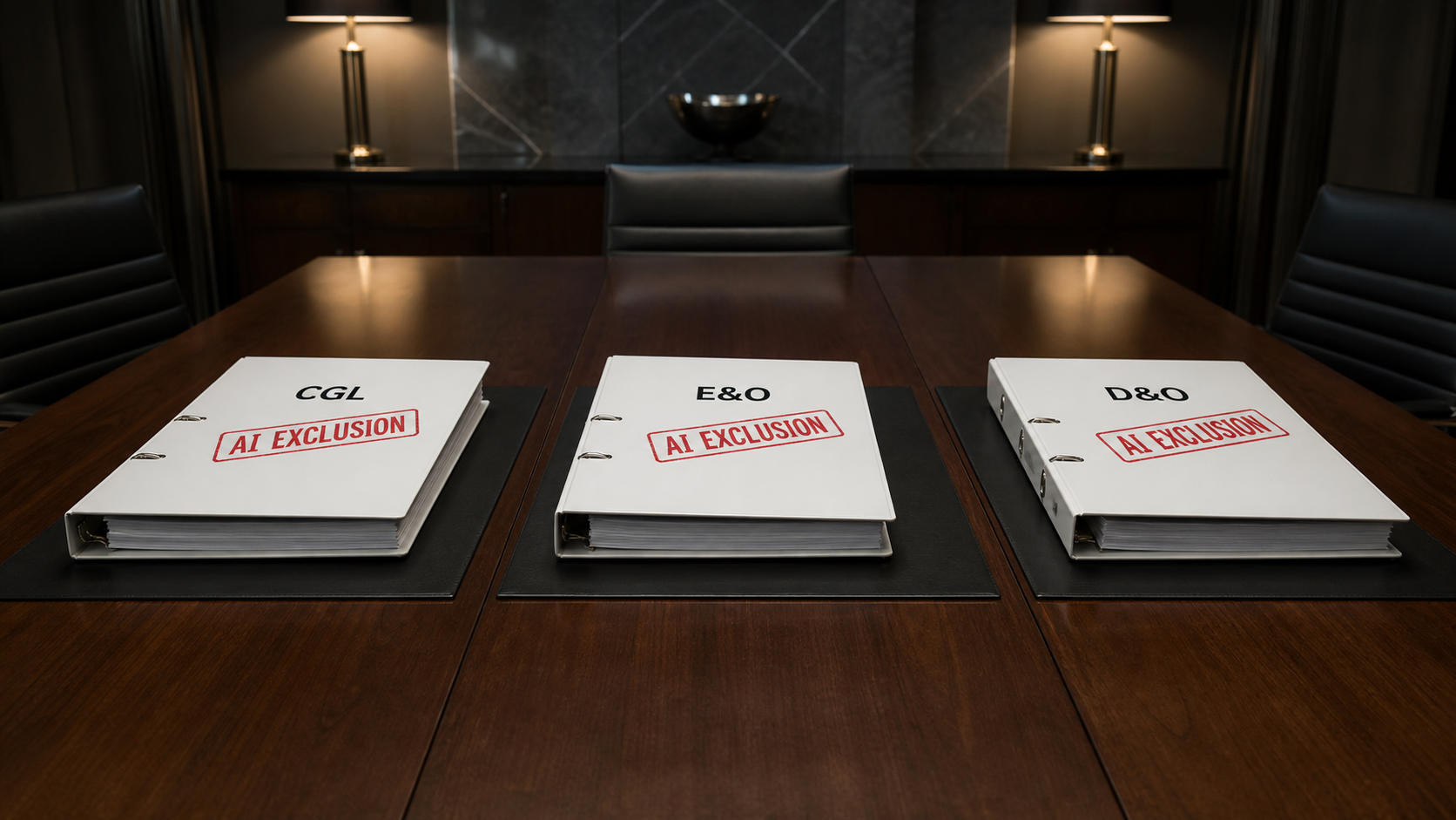 Three insurance policy binders labeled CGL, E and O, and D and O each stamped with an AI exclusion mark