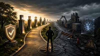 Silhouette of a person standing at a fork in a foggy path, representing the leadership decision point in AI pilot adoption
