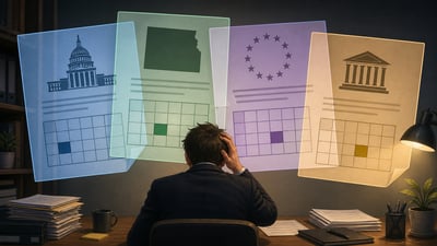 Illustration of overlapping US federal, Colorado, EU and HHS regulatory documents showing conflicting AI compliance deadlines