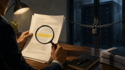 Business owner examining an audit rights clause in an AI vendor contract beside a locked vendor server rack.