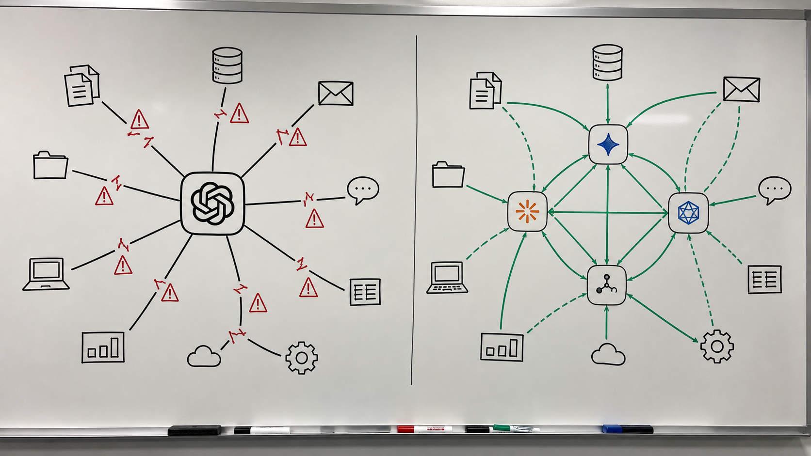 Whiteboard diagram comparing single AI vendor dependency risk to a multi-model resilience backup plan