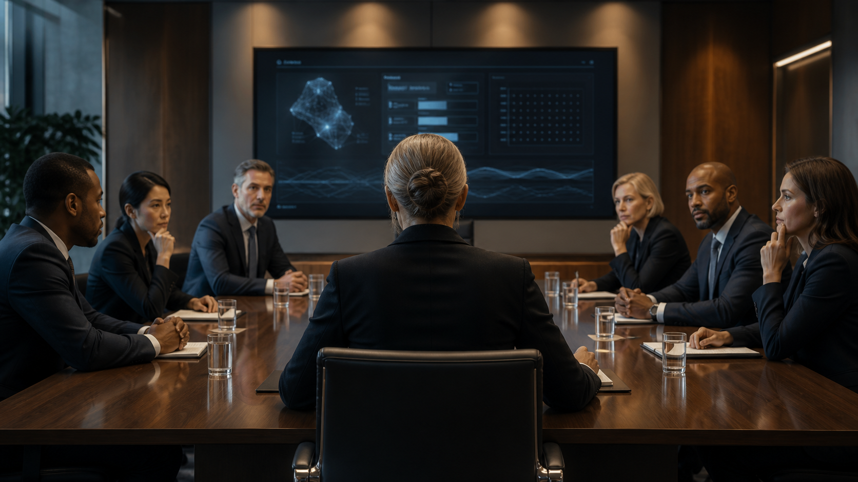 CEO at head of boardroom table reviewing an AI accountability dashboard with executive team members present