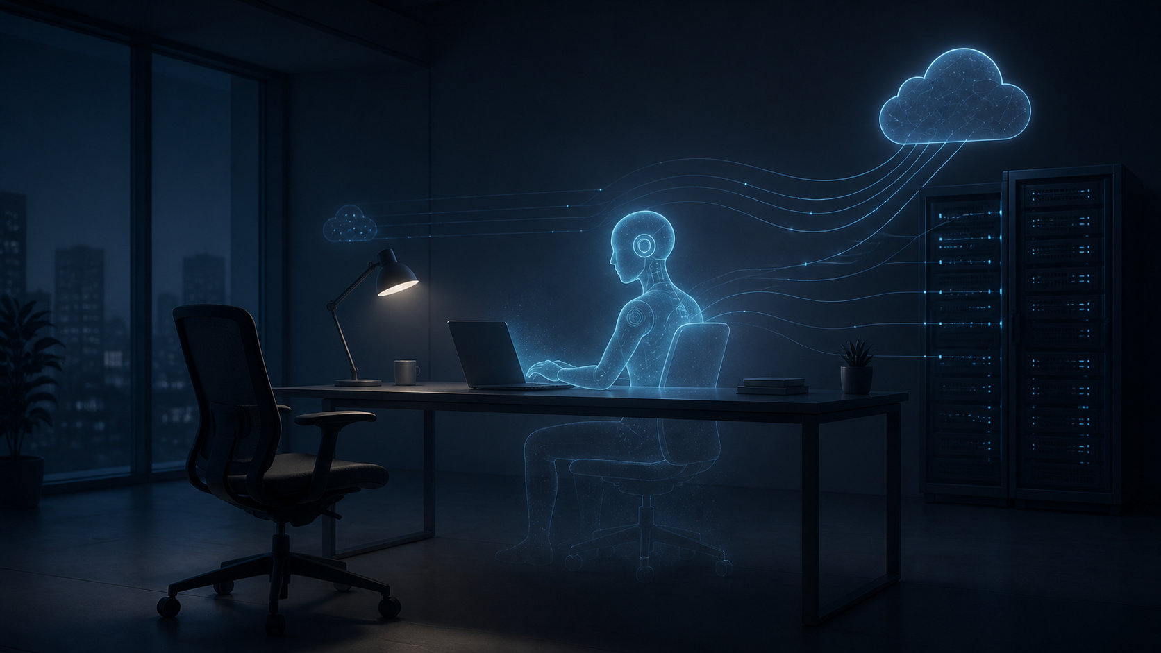 An empty desk with a faint AI agent silhouette still connected to servers, representing an orphaned AI identity after employee offboarding