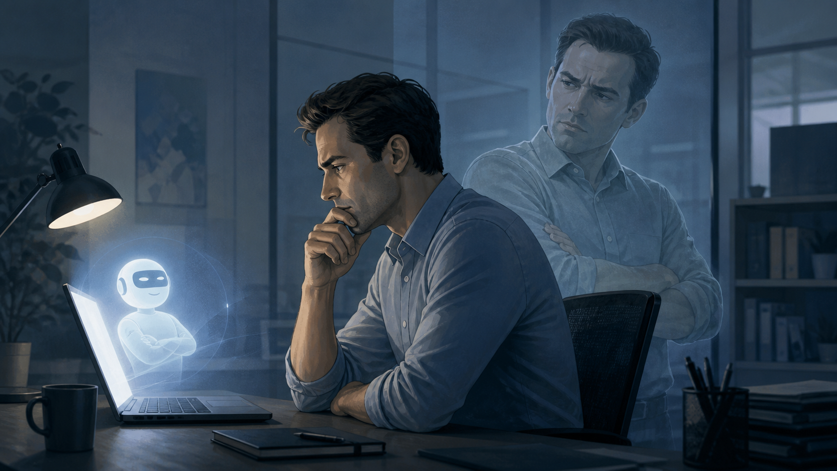 Illustration of a worker trusting a confident AI answer while a skeptical shadow version of themselves looks on