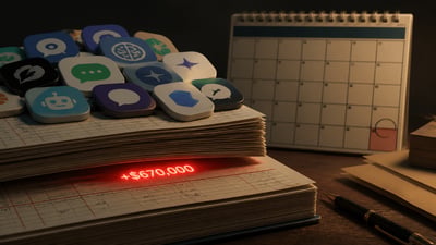 A glowing red alert button on a desk surrounded by everyday electronic devices, representing the hidden financial risk of unmonitored shadow AI tools in a business