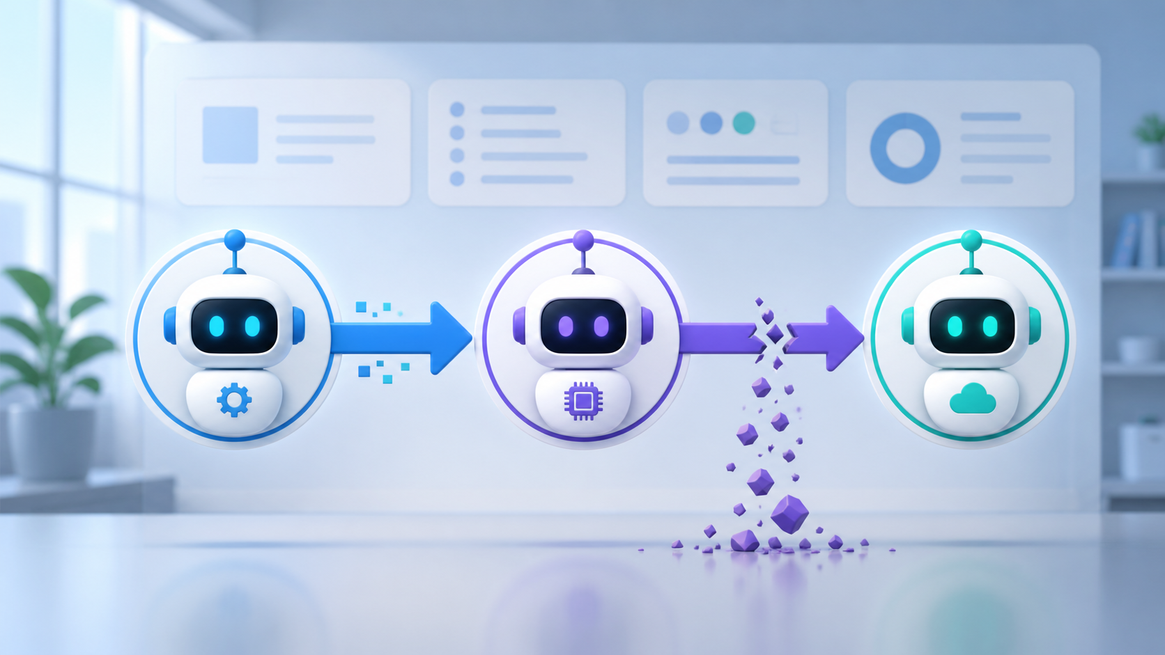 Illustration of three connected AI agents with a broken handoff arrow representing a coordination failure