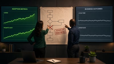 Dashboard showing rising AI adoption metrics next to flat business outcome metrics beside a workflow decision gate