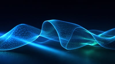 A flowing translucent ribbon lit at a low angle, a geometric lattice suspended inside it continuing through its folds