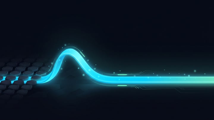 Dim unused license tokens in shadow, with one bright cyan channel of light rising out and running ahead into open space