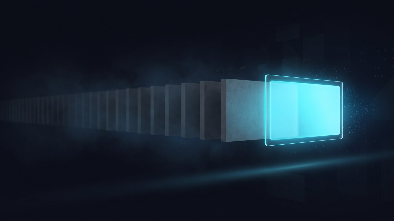 A long row of thick grey document slabs receding into darkness, one short brightly lit cyan card standing in front