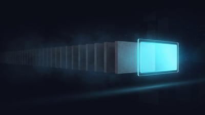A long row of thick grey document slabs receding into darkness, one short brightly lit cyan card standing in front
