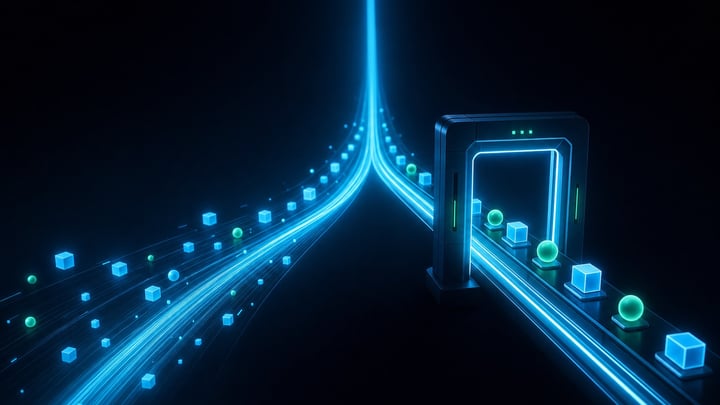 A stream of light splitting in two: one path flowing freely, the other passing through an illuminated checkpoint gate