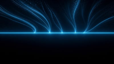 A single unbroken cyan line across a dark frame, pale streams approaching from above and stopping exactly at it