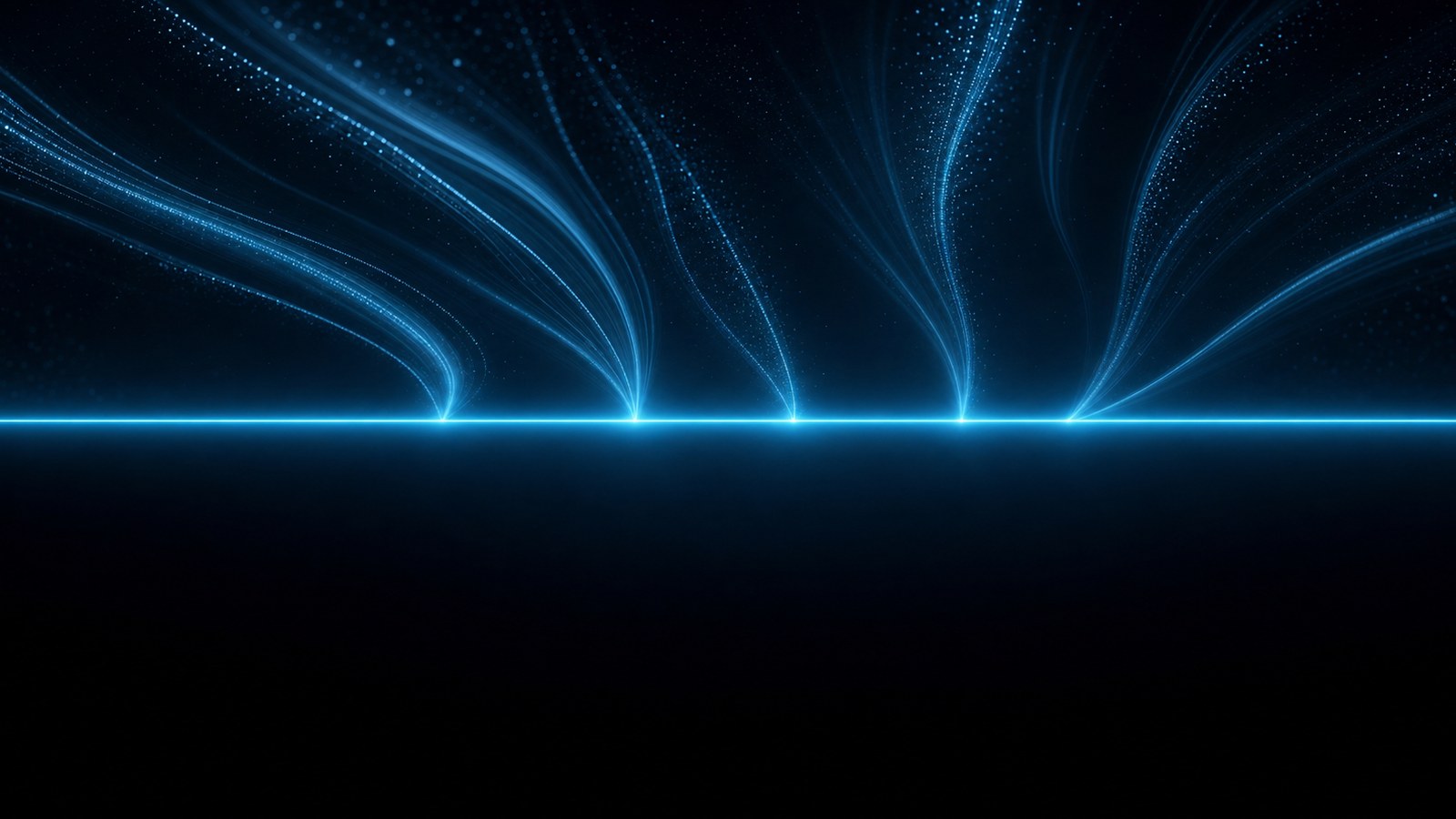 A single unbroken cyan line across a dark frame, pale streams approaching from above and stopping exactly at it
