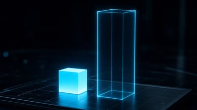 A small solid glowing cyan cube on a calibrated surface beside a much taller hollow wireframe outline with nothing inside