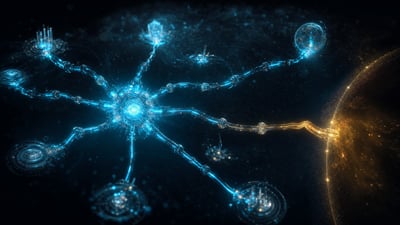 A glowing central core reaching out with mechanical arms of light that grip several distant systems