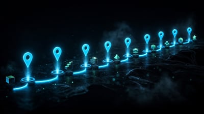 Eight lit waypoint markers along a single path, each casting a small solid block beside it