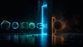 A narrow glowing gateway with objects queued before it, one passing through and one held at the edge