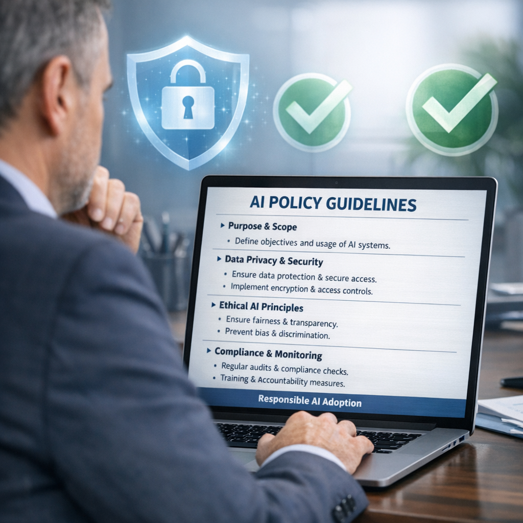 Business Leader Reviewing AI Policy Document on Laptop